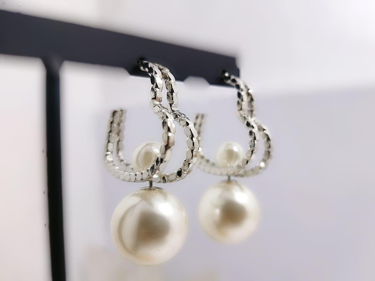Textured Gold Pearl Hoop Earrings