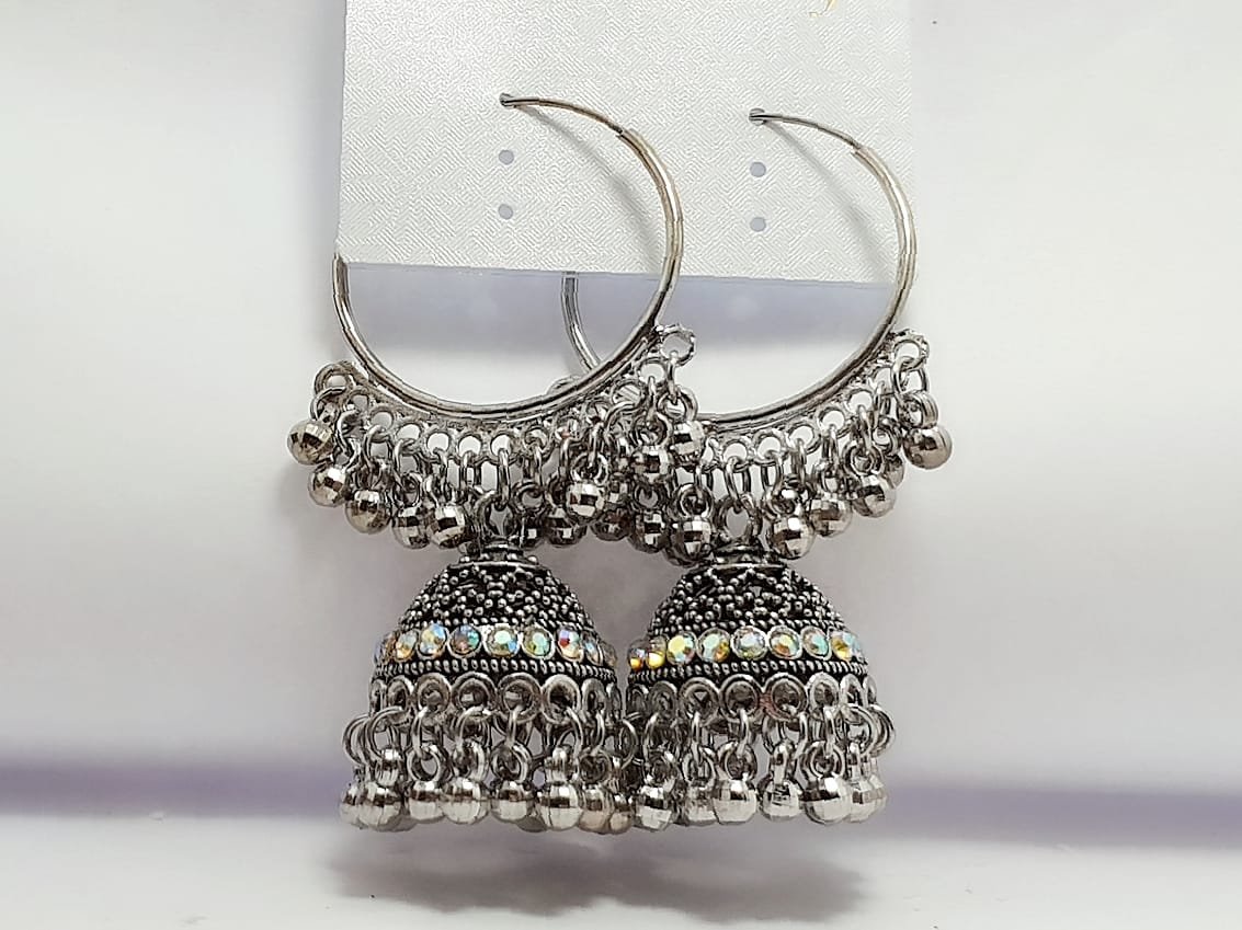 Oxidized Silver Hoop Jhumka Earrings