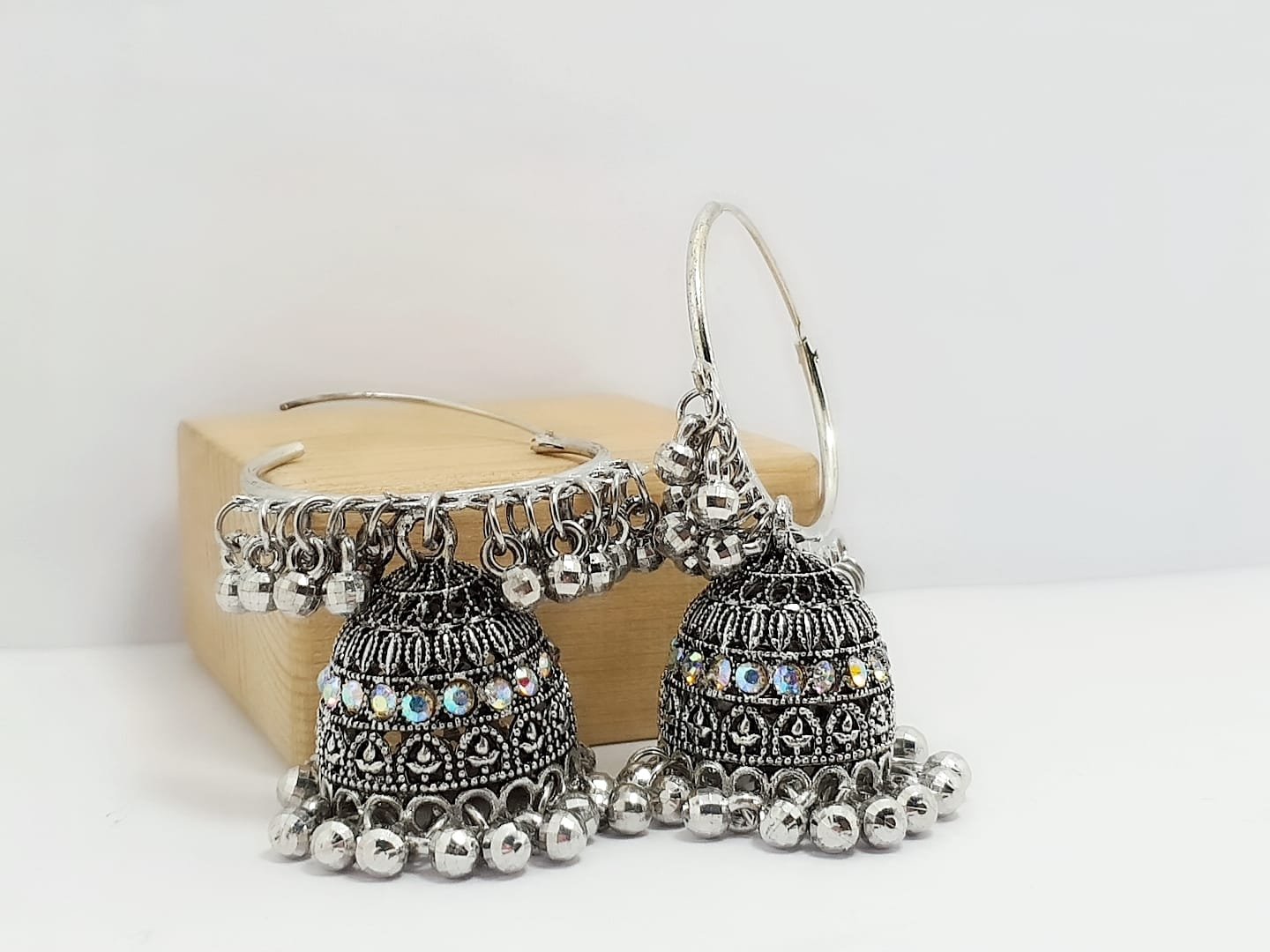 Oxidized Silver Hoop Jhumka Earrings