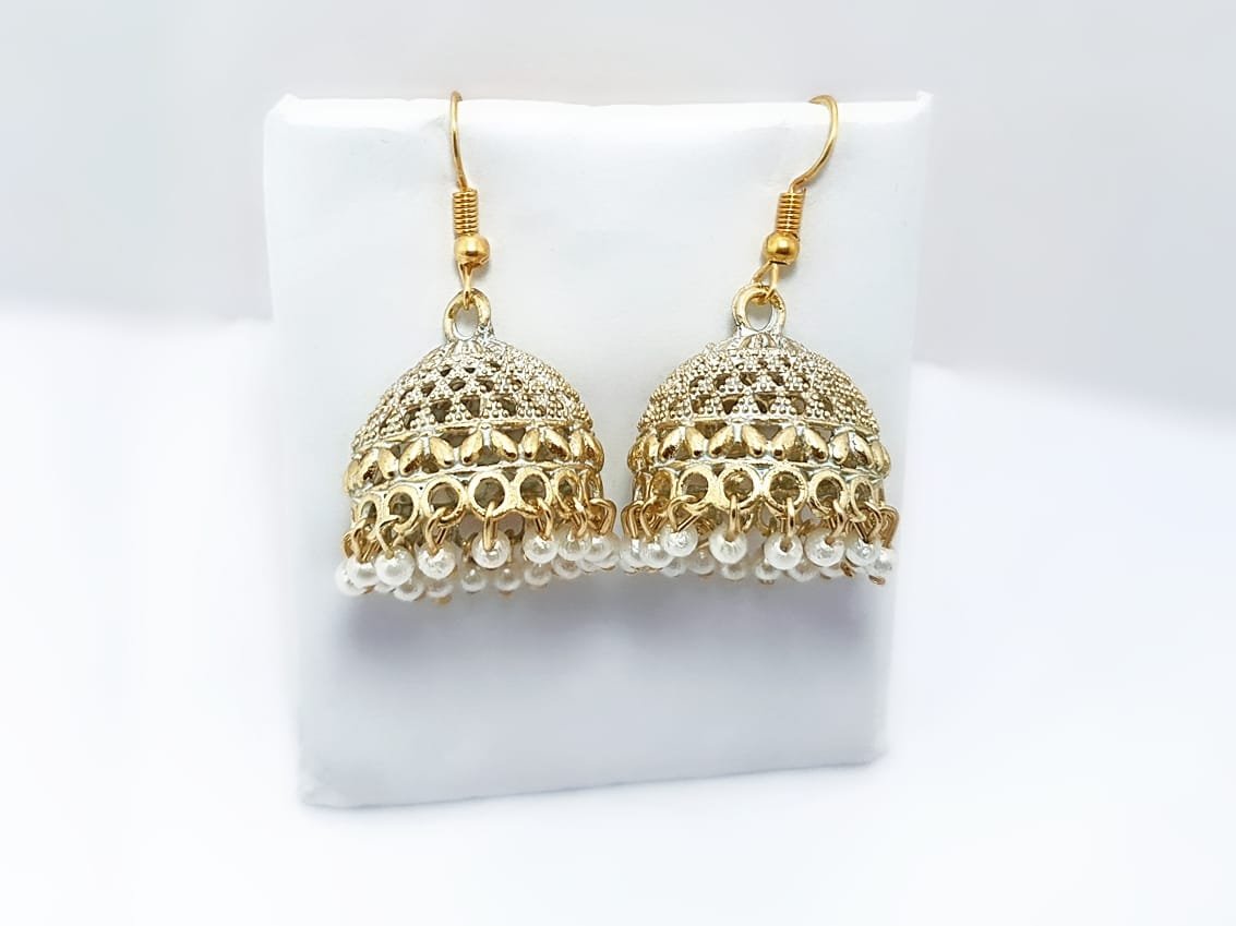 Antique Gold Jhumka Earrings with Pearl Beads