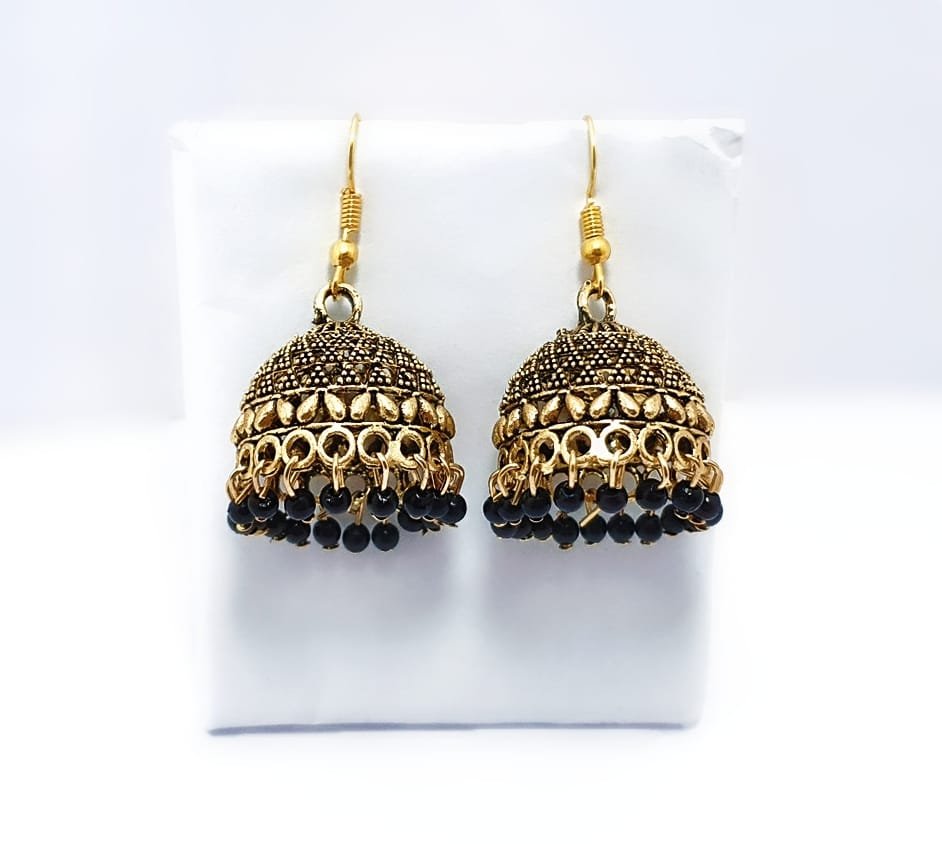 Antique Gold Jhumka Earrings with Pearl Beads thumbnail