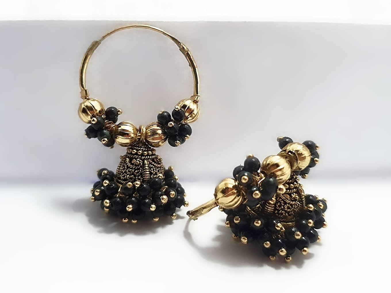 Traditional Gold-Plated Black Beaded Jhumka Earrings
