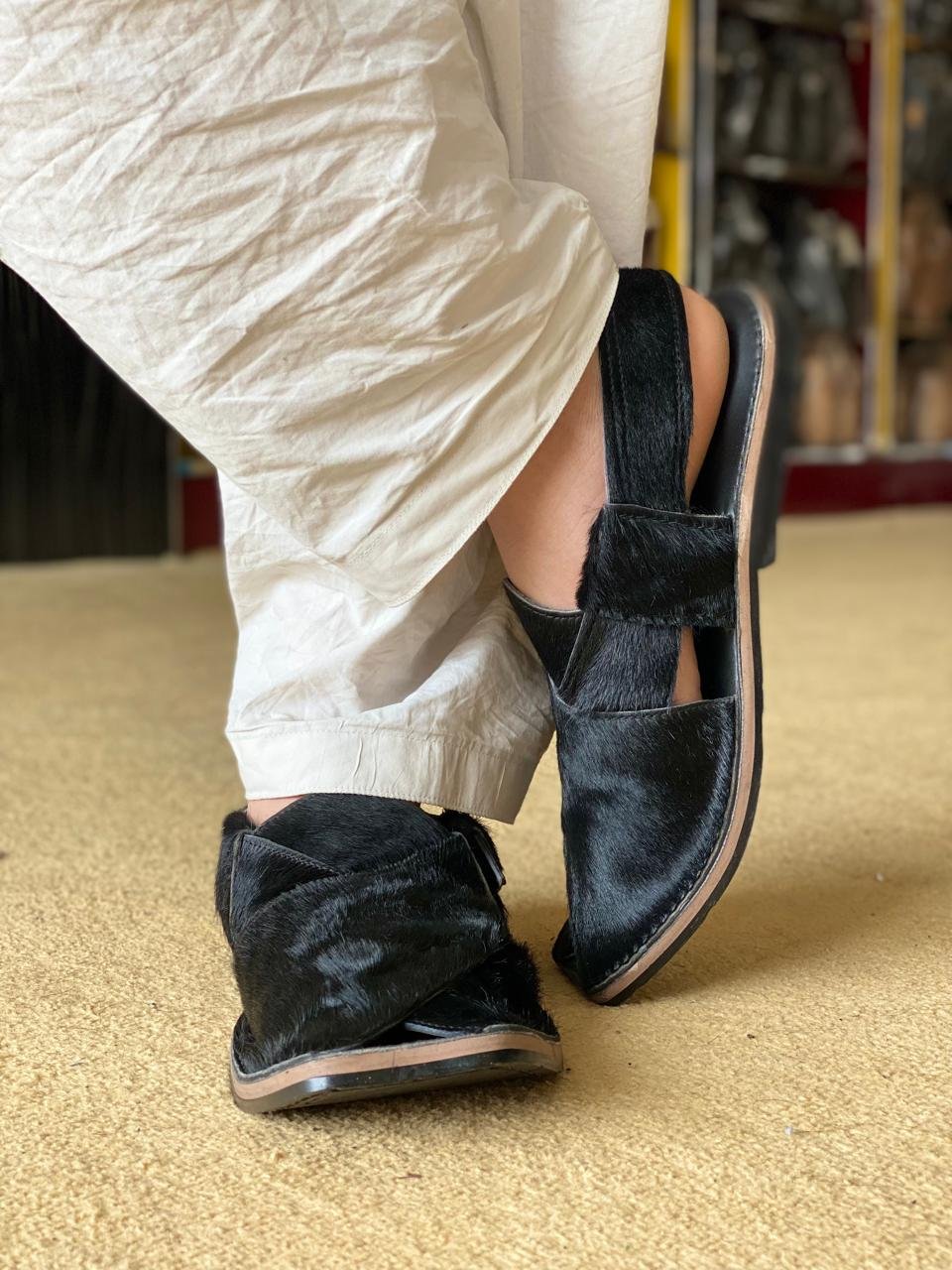 Black Hairon Leather Peshawari Chappal