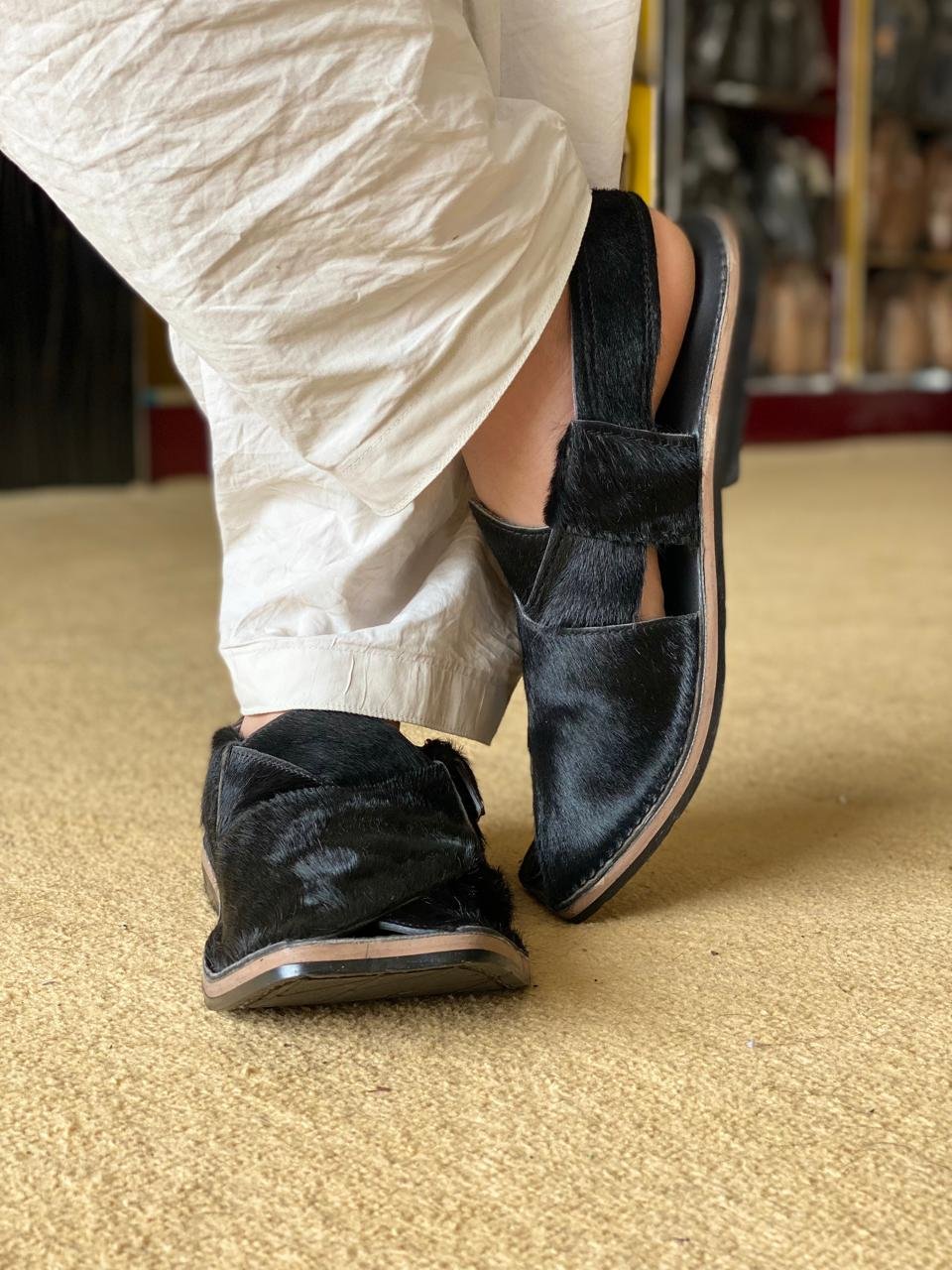 Black Hairon Leather Peshawari Chappal