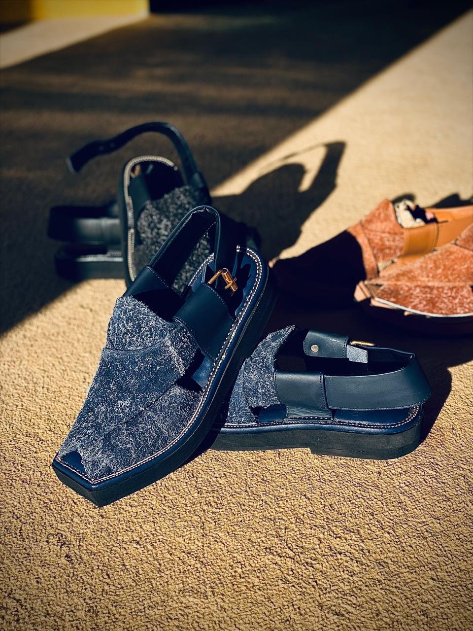 Brown/Tan , Black and Blue Hairon Leather Peshawari Chappal
