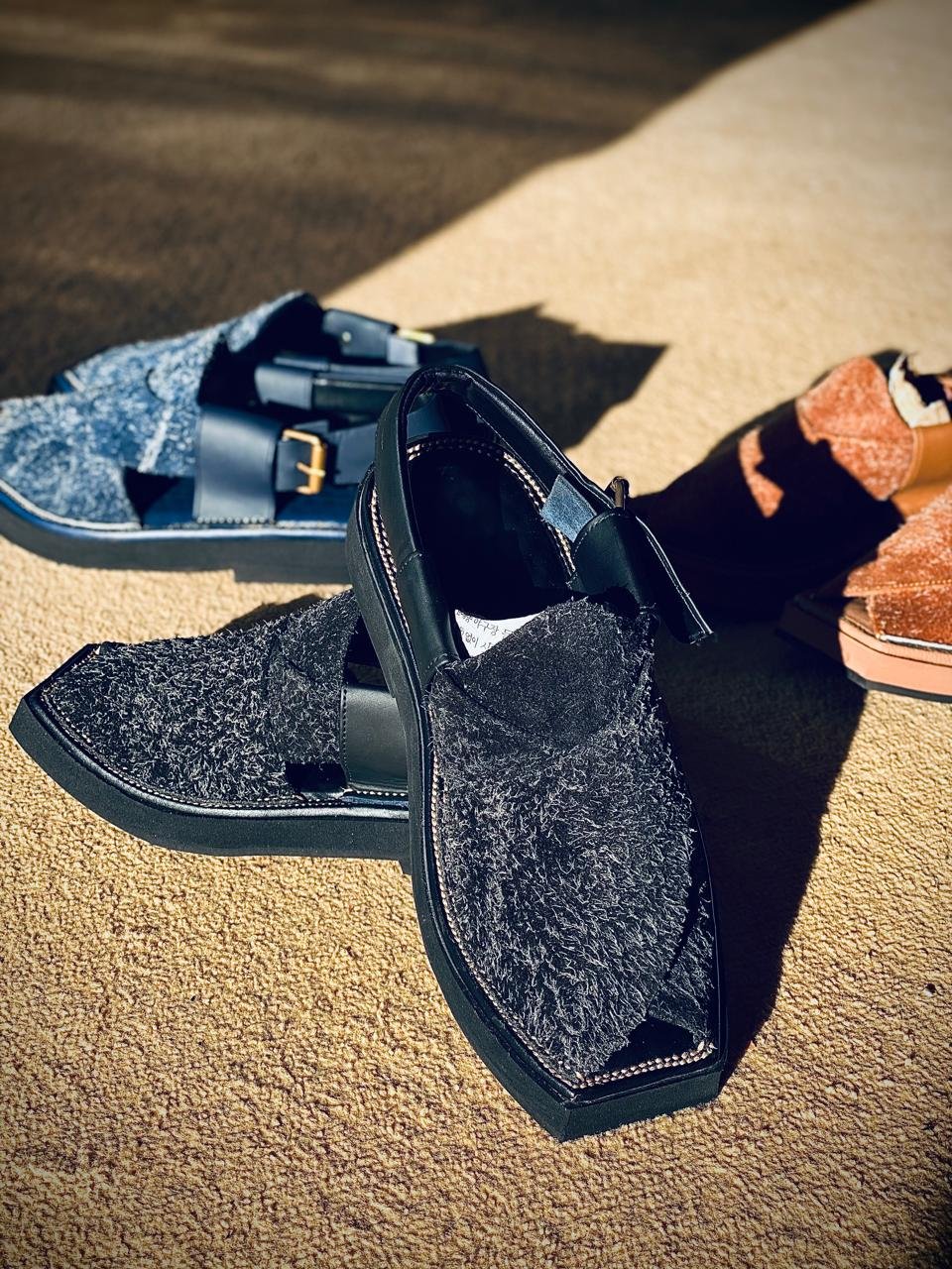Brown/Tan , Black and Blue Hairon Leather Peshawari Chappal