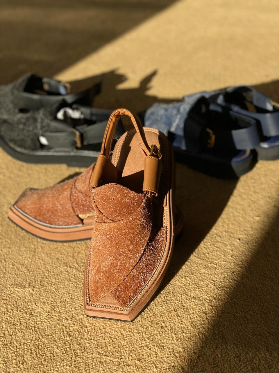 Brown/Tan , Black and Blue Hairon Leather Peshawari Chappal thumbnail